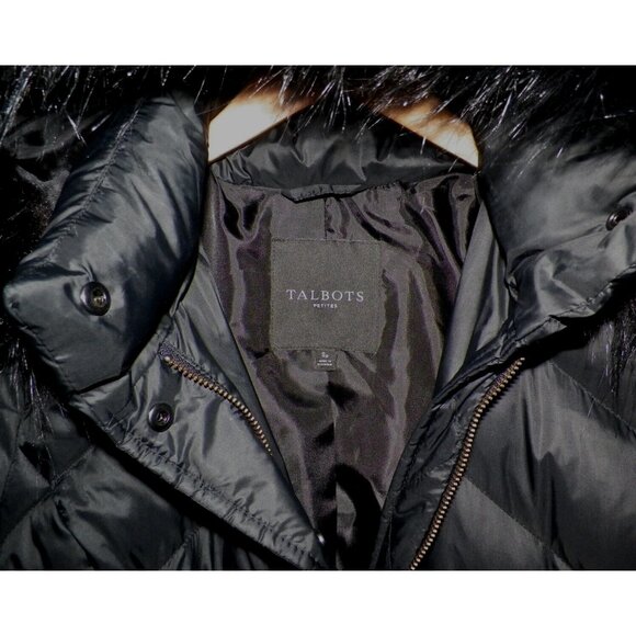 Women's S Talbots Petite Down Puffer Coat Parka Adj Waist Hood Black - Picture 6 of 13